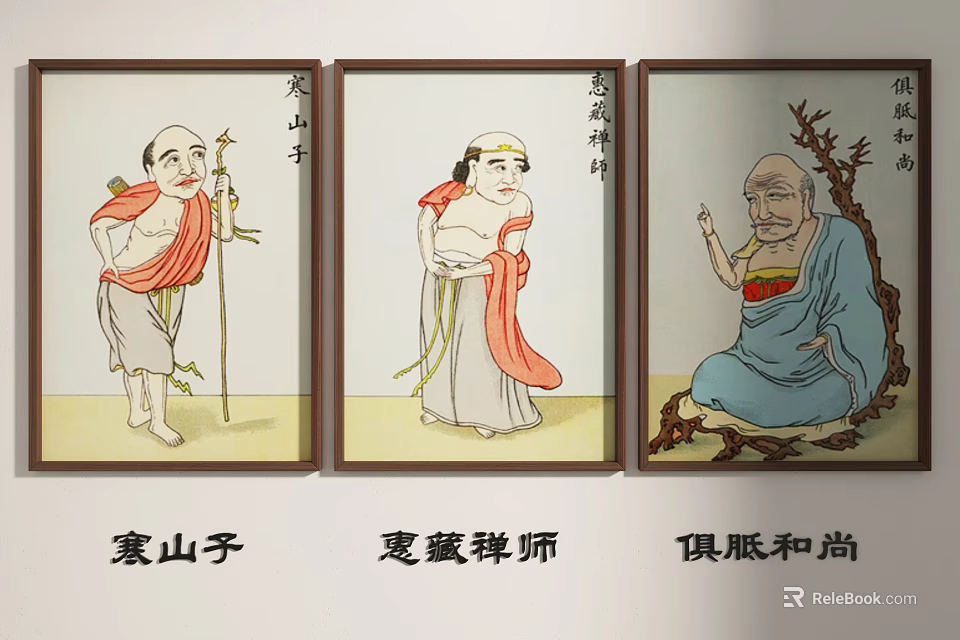 Traditional Chinese Figure Paintings of Three Ancient Buddhist Monks in Frames 3d model 