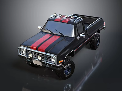Classic Black Pickup Truck Featuring Red Stripes And Roof Lights With Off Road Tires 3d model