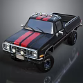 Classic Black Pickup Truck Featuring Red Stripes And Roof Lights With Off Road Tires