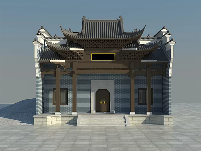 Traditional Chinese Ancient Architecture With Tiled Roof Overhanging Eaves And Blue Brick Walls 3d model