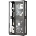Modern Dark Wood Display Cabinet With Glass Doors Holding Vases Candles And Books