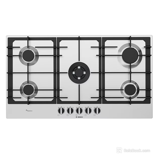 Stainless Steel Gas Hob With Four Burners Central Wok Burner And Control Knobs For Kitchen 3d model 
