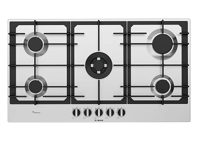Stainless Steel Gas Hob With Four Burners Central Wok Burner And Control Knobs For Kitchen 3d model
