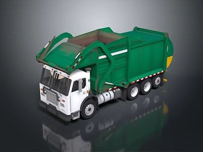 Green And White Garbage Truck With Open Container For Waste Collection 3d model