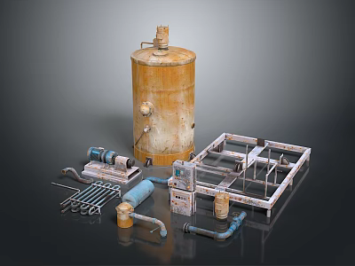Industrial Equipment Parts Including Rusty Yellow Tank Pipes Metal Frame And Tools 3d model