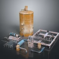 Industrial Equipment Parts Including Rusty Yellow Tank Pipes Metal Frame And Tools