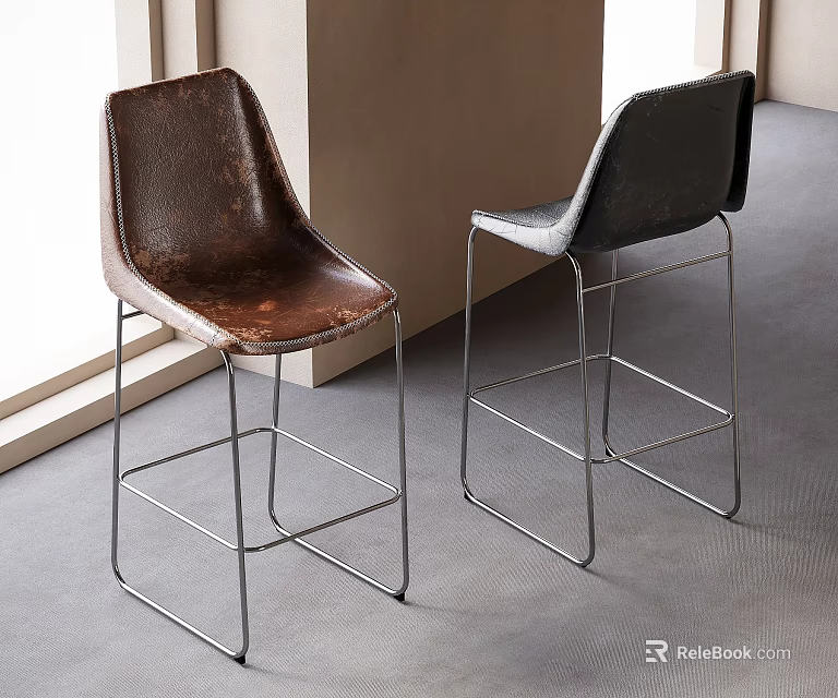 Modern Bar Stools with Metal Frame and Leather Seat in Brown Black Modern Design 3d model 