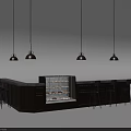 Wooden Bar Counter With Stone Countertop Glass Display Case Pastries Bar Stools And Pendant Lights