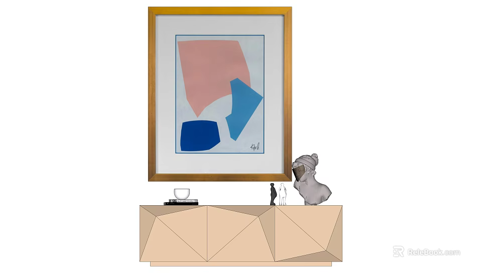 Golden Framed Abstract Geometric Painting Above Geometric Shaped Cabinet With Decorative Items 3d model 