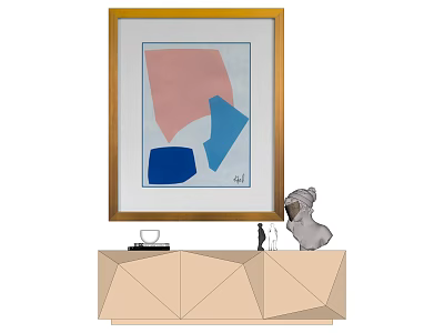 Golden Framed Abstract Geometric Painting Above Geometric Shaped Cabinet With Decorative Items 3d model