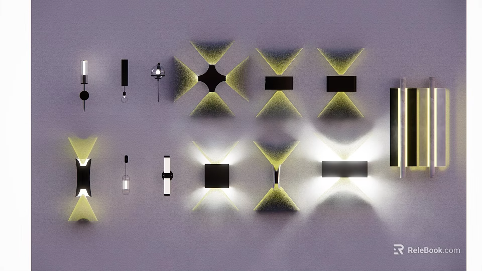 Modern Wall Sconces With Various Geometric Designs And Warm Yellow Lighting 3d model 