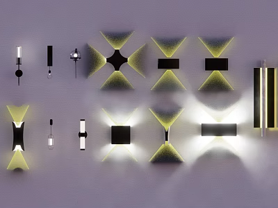 Modern Wall Sconces With Various Geometric Designs And Warm Yellow Lighting 3d model