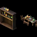 Industrial Equipment Setup With Wooden Shelf Various Bottles Lab Instruments And Table Chairs