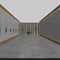 Spacious Modern Hallway Interior With White Walls Paintings On Both Sides And Glass Doors