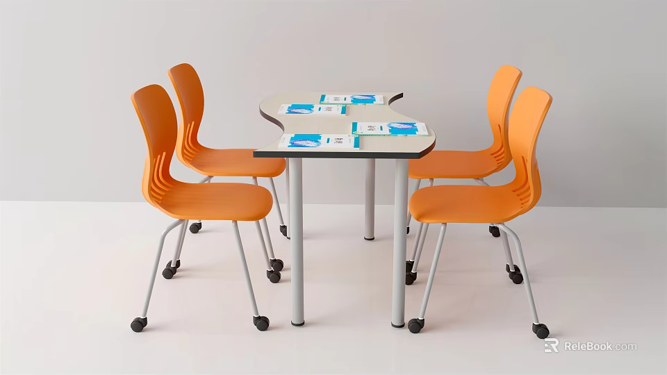 Round Desk With Four Orange Chairs And Books Notebooks On White Background 3d model 