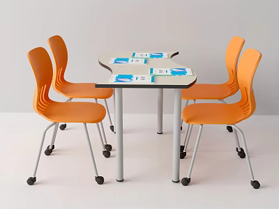 Round Desk With Four Orange Chairs And Books Notebooks On White Background 3d model