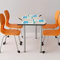 Round Desk With Four Orange Chairs And Books Notebooks On White Background