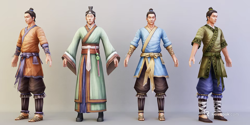 Ancient Chinese Characters In Traditional Colored Robes With Belted Design And Footwear 3d model 