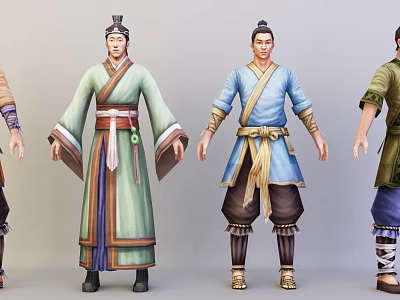 Ancient Chinese Characters In Traditional Colored Robes With Belted Design And Footwear 3d model