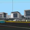Multiple Modern Office Buildings With Glass Curtain Walls Green Lawn Pedestrians And Sunset Sky