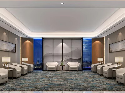 Modern Hotel Public Lounge With Comfortable Sofas Coffee Tables And Large Windows 3d model