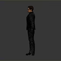 Male Figure Wearing Black Leather Jacket Pants Gloves Standing With Arms Outstretched On Gray Background