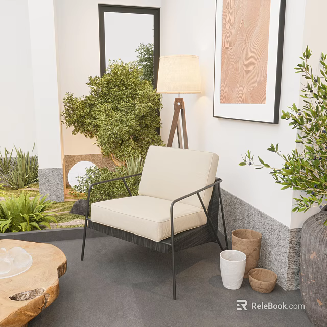 Modern Outdoor Sofa Chair With Beige Cushion Black Metal Frame Green Plants And Floor Lamp 3d model 