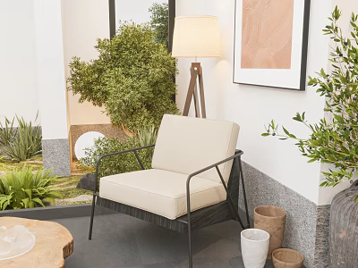 Modern Outdoor Sofa Chair With Beige Cushion Black Metal Frame Green Plants And Floor Lamp 3d model
