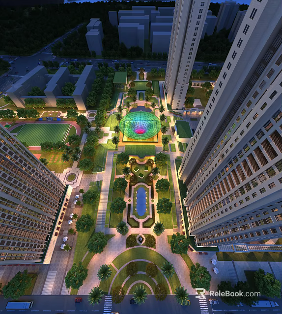 Aerial View Planning Urban Design With High Rise Buildings And Central Green Spaces 3d model 