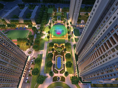 Aerial View Planning Urban Design With High Rise Buildings And Central Green Spaces 3d model