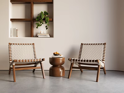 Accent Chairs with Woven Wooden Frame Near Small Round Table Wall Shelf Plant and Books 3d model