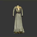 Man Wearing Cream Colored Patterned Long Dress With Red Belt And Ruffled Hem