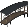 Modern Landscape Bridge With Curved Black Roof Brown Deck Railings Supporting Pillars And Decorative Lights