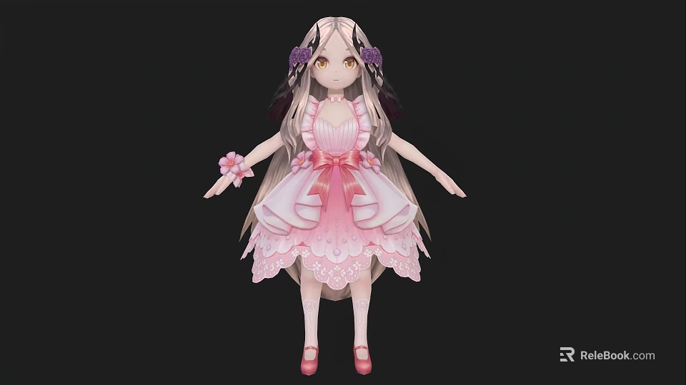 Cute Woman In Pink Dress With Long Hair Flower Accessories And Pink Shoes 3d model 