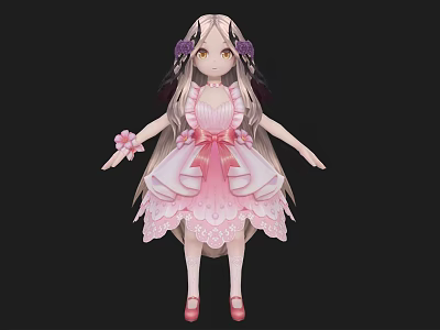 Cute Woman In Pink Dress With Long Hair Flower Accessories And Pink Shoes 3d model