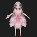 Cute Woman In Pink Dress With Long Hair Flower Accessories And Pink Shoes