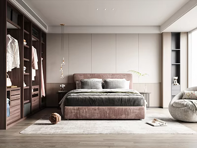 Modern Bedroom Interior With Upholstered Headboard Dark Wood Closet Round Accent Chair And Rug 3d model