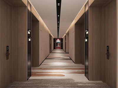 Modern Hotel Corridor Interior Design With Wooden Walls Recessed Lighting And Patterned Carpet 3d model