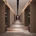 Modern Hotel Corridor Interior Design With Wooden Walls Recessed Lighting And Patterned Carpet