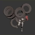 3D Model Scene With Brown Circular Rings Character Sitting And Pink Tool