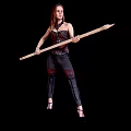 Woman holding a spear in three different angles wearing corset black pants and high heels