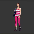 Sporty Female Wearing Striped Tank Top Pink Leggings Purple Sneakers And Blue Backpack