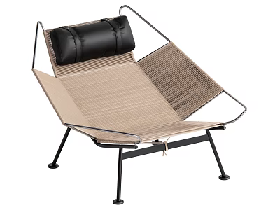 Modern Minimalist Leisure Chair With Black Metal Frame Beige Woven Seat And Black Cushion 3d model
