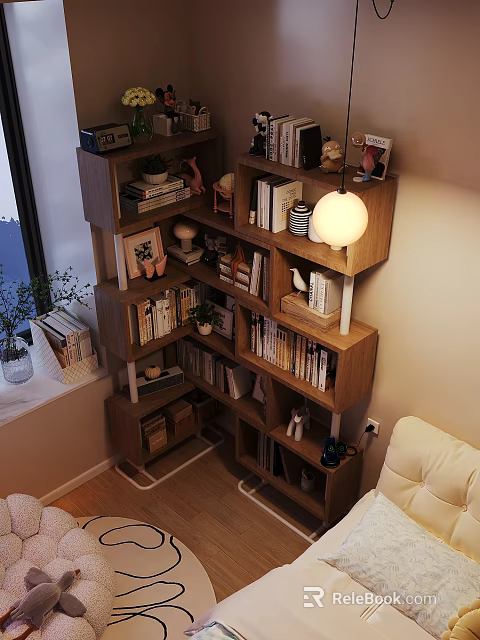 Wooden Multi Tiered Shelf With Books Decorations Plants And Lamp In Cozy Living Room Interior 3d model 