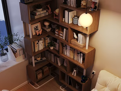 Wooden Multi Tiered Shelf With Books Decorations Plants And Lamp In Cozy Living Room Interior 3d model