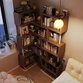 Wooden Multi Tiered Shelf With Books Decorations Plants And Lamp In Cozy Living Room Interior
