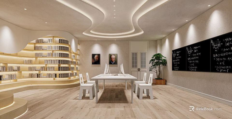 School Conference Room With Curved Bookshelves Portraits Plant And Blackboard 3d model 