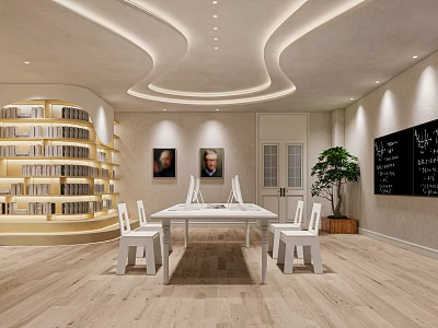 School Conference Room With Curved Bookshelves Portraits Plant And Blackboard 3d model