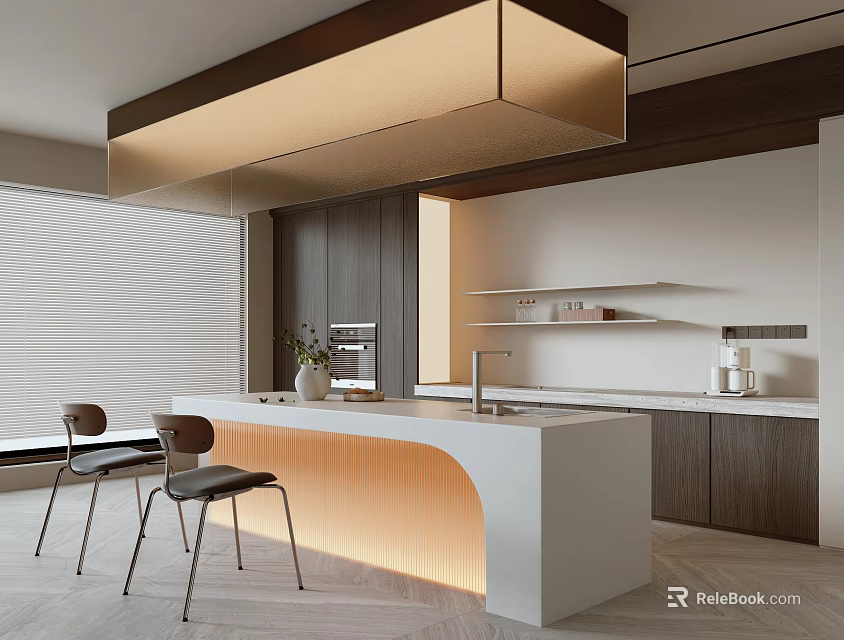 Modern Restaurant Open Kitchen Design With Island Counter Seating And Lighting 3d model 