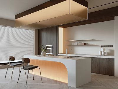 Modern Restaurant Open Kitchen Design With Island Counter Seating And Lighting 3d model